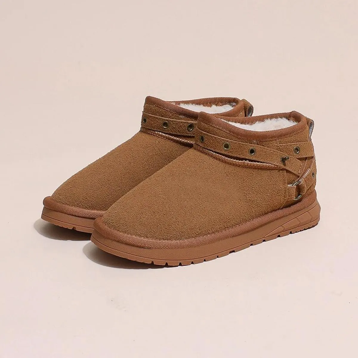 2024 Nuove Scarpe da Donna Pu Tacco Medio Stivaletti con Plateau Stivali da Donna in Gomma Peluche Solido Testa Rotonda Tinta Un