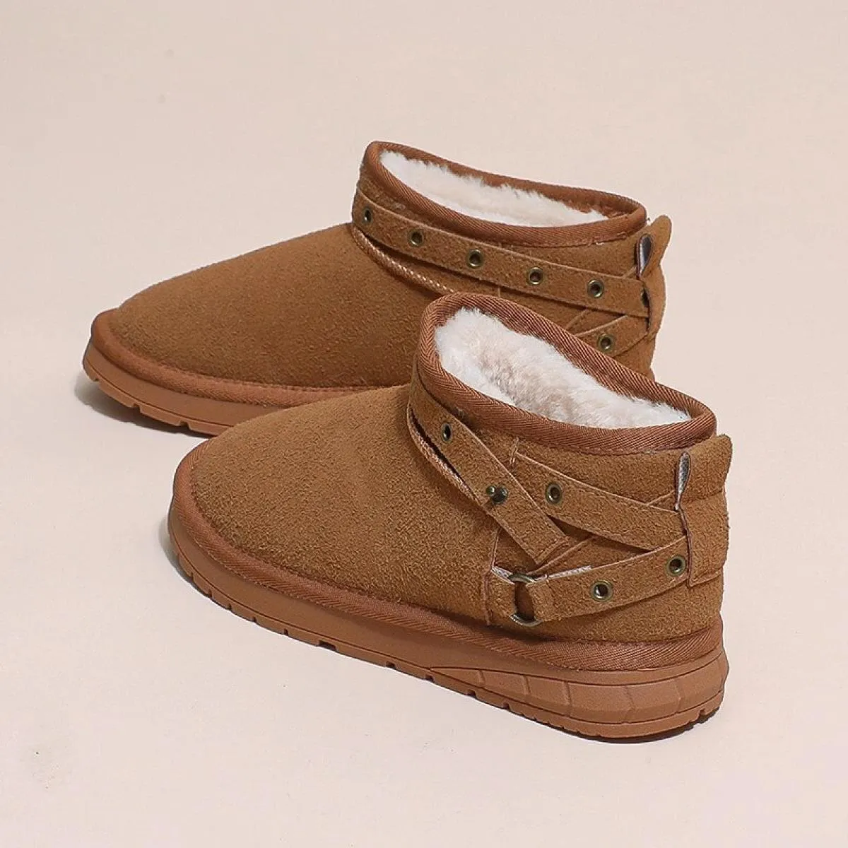 2024 Nuove Scarpe da Donna Pu Tacco Medio Stivaletti con Plateau Stivali da Donna in Gomma Peluche Solido Testa Rotonda Tinta Un