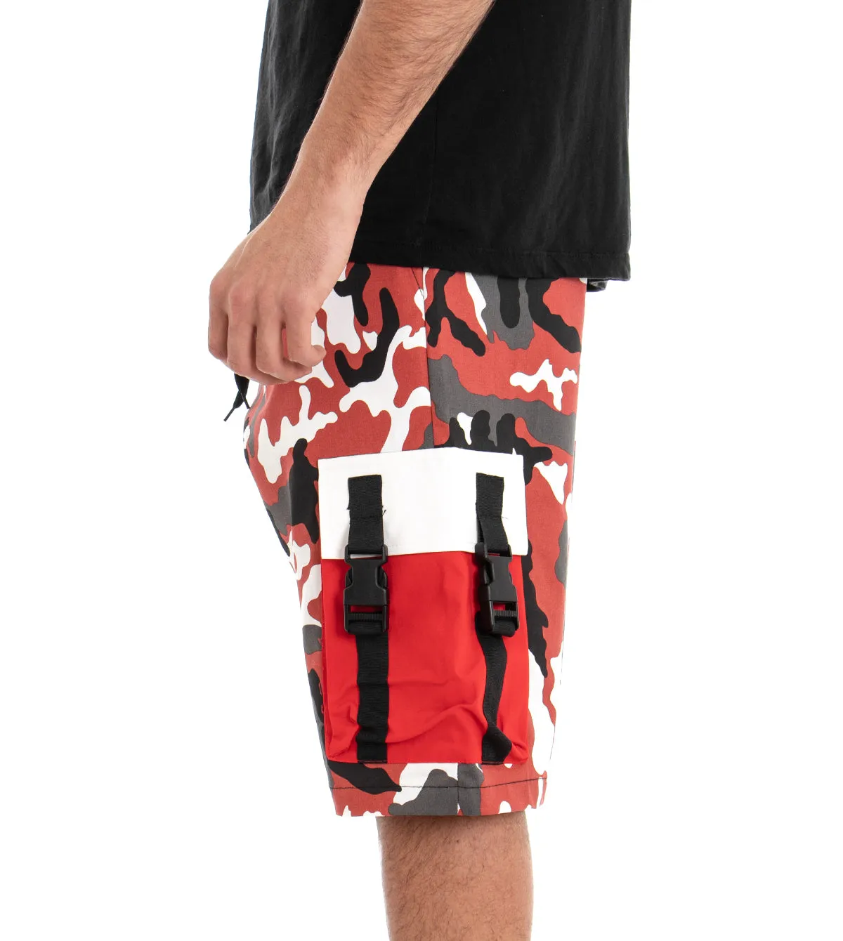 Bermuda Pantaloncino Corto Uomo Fantasia Mimetica Rosso Elastico GIOSAL-PC1381A