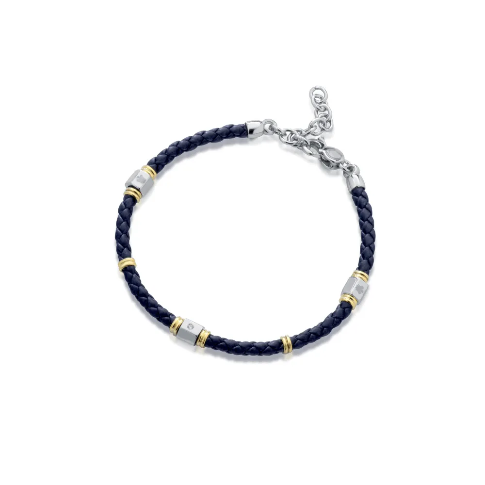 Bracciale uomo in pelle blu con elemento in argento e diamante