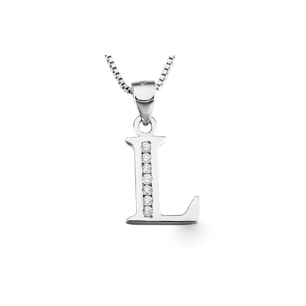 COLLANA CIONDOLO LETTERA INIZIALE L IN ARGENTO RODIATO ORO BIANCO E BRILLANTI