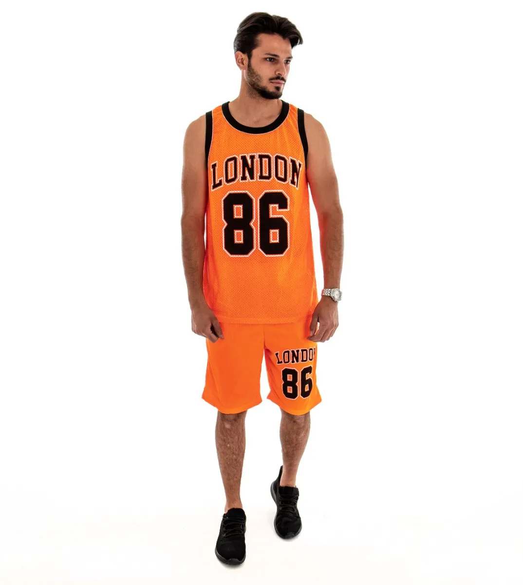 Completo Set Coordinato Uomo Completino Sportivo Canotta Bermuda Arancione GIOSAL-OU1547A
