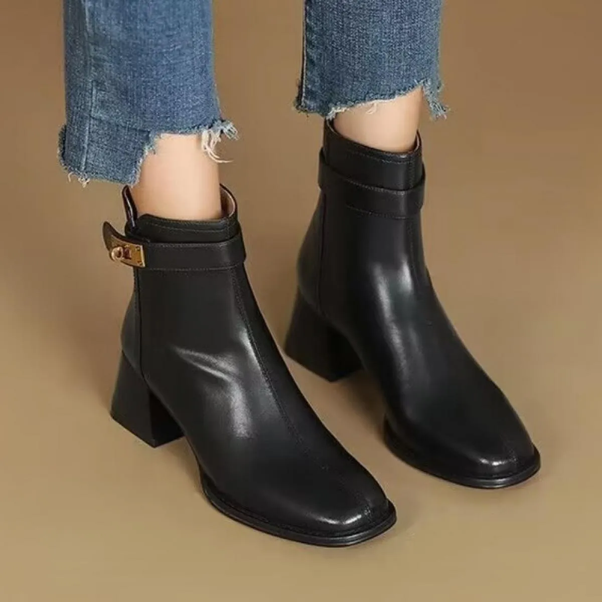 Donne Caviglia Tacchi Medi Stivali Chelsea Scarpe Grosse Punta Quadrata Vestito Da Partito Goth Pompe Scarpe Inverno 2023 New Fa