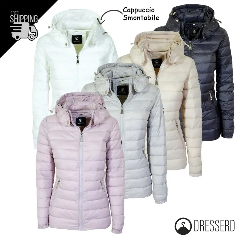 Giubbotto Donna Dresserd Piumino 100 Grammi Giubbotti Corti Cappuccio Smontabile Semi slim Fit