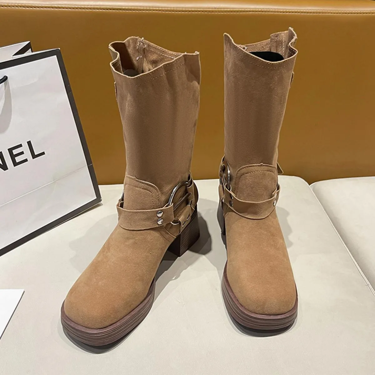 Inverno Nuova Tendenza In Pelle Scamosciata Scarpe A Metà Polpaccio Pompe Chunky Donne Chelsea Stivali 2023 Goth Tacchi Medi Sti