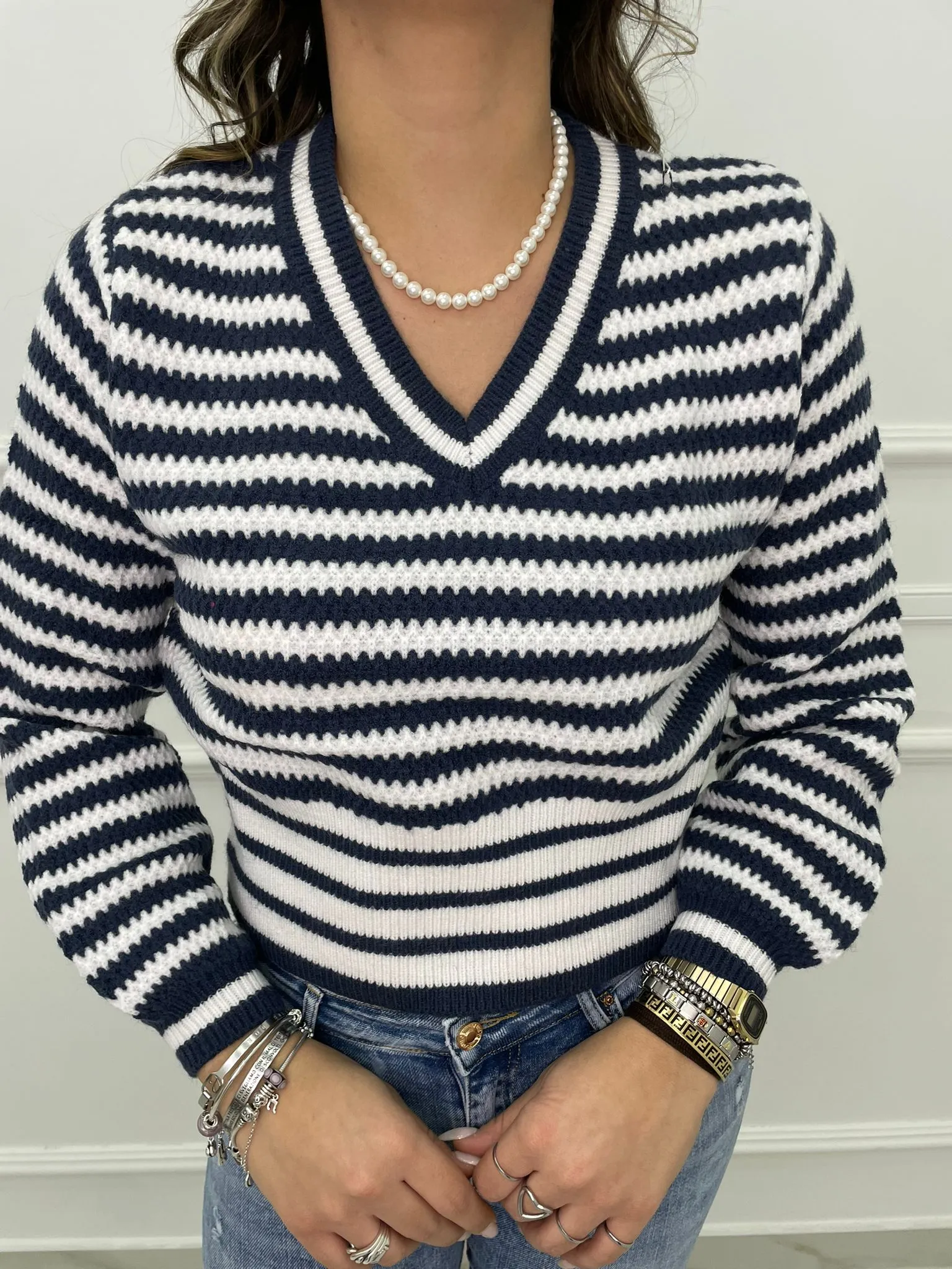 Maglione over scollo a v fantasia righe