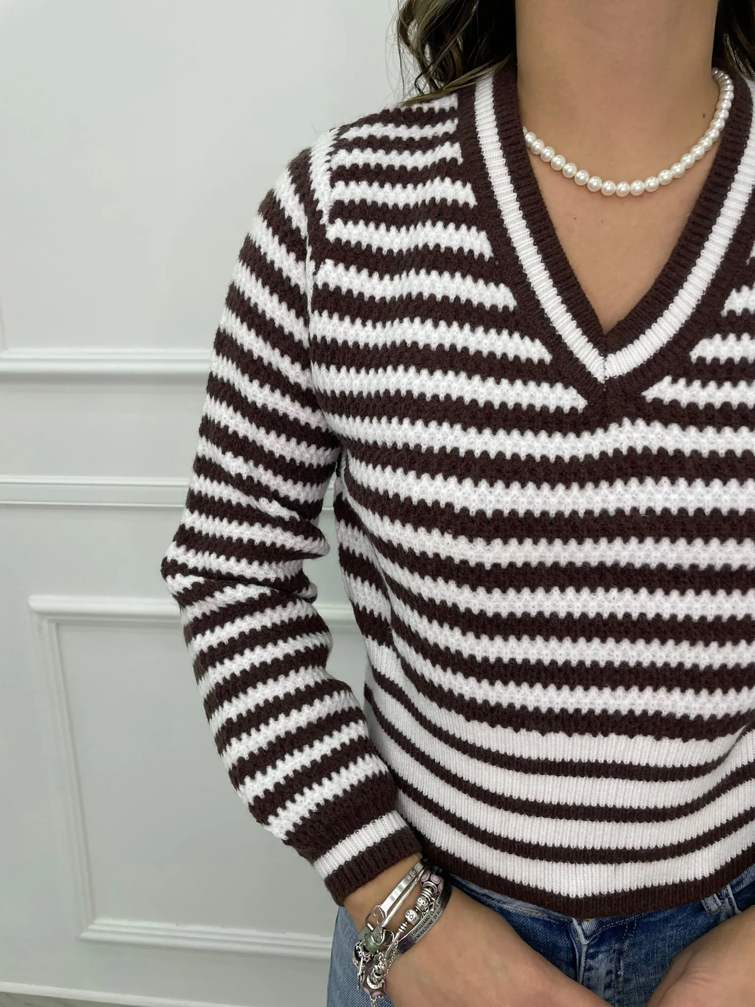 Maglione over scollo a v fantasia righe