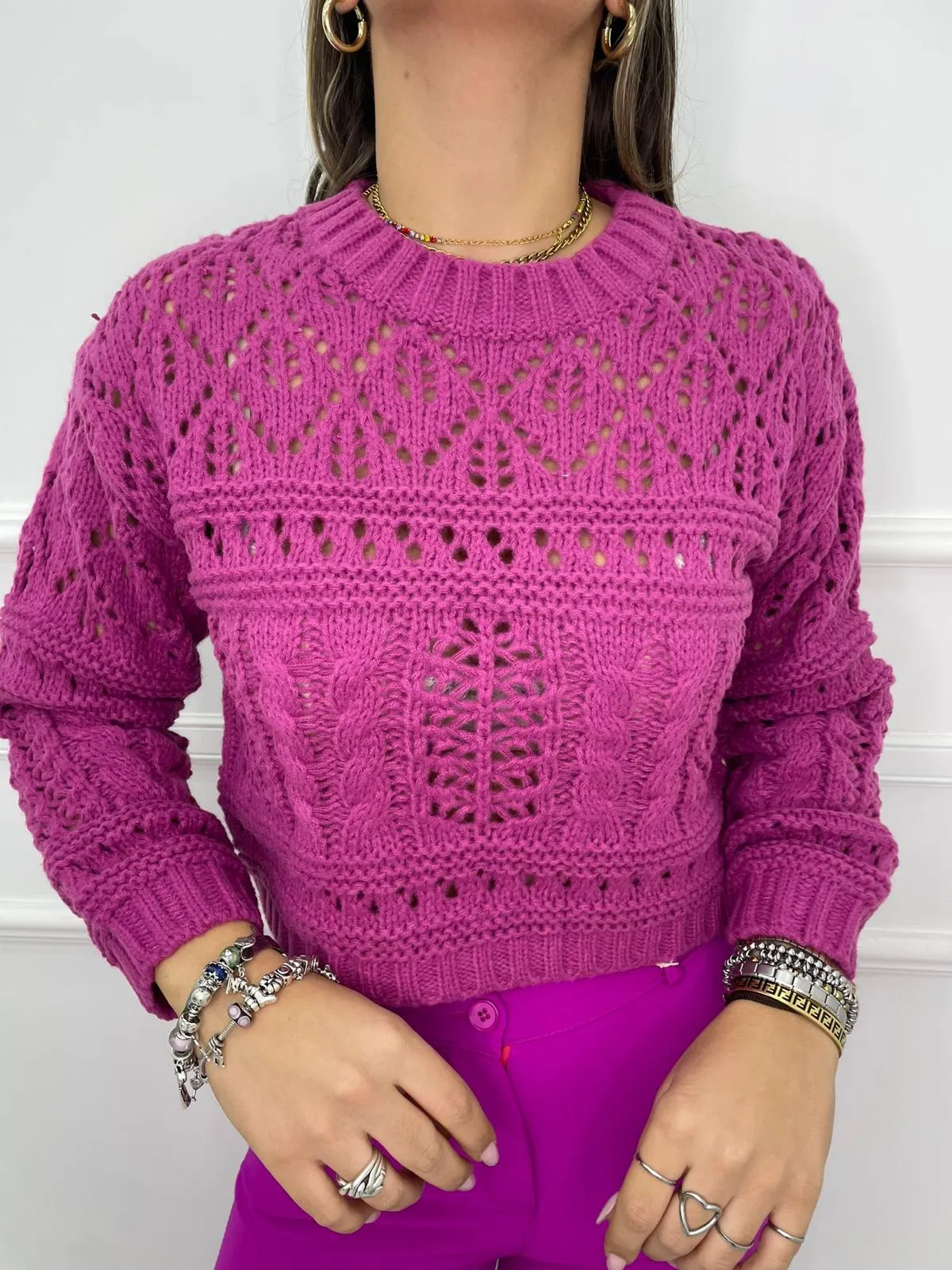 Maglione tinta unita trama traforata