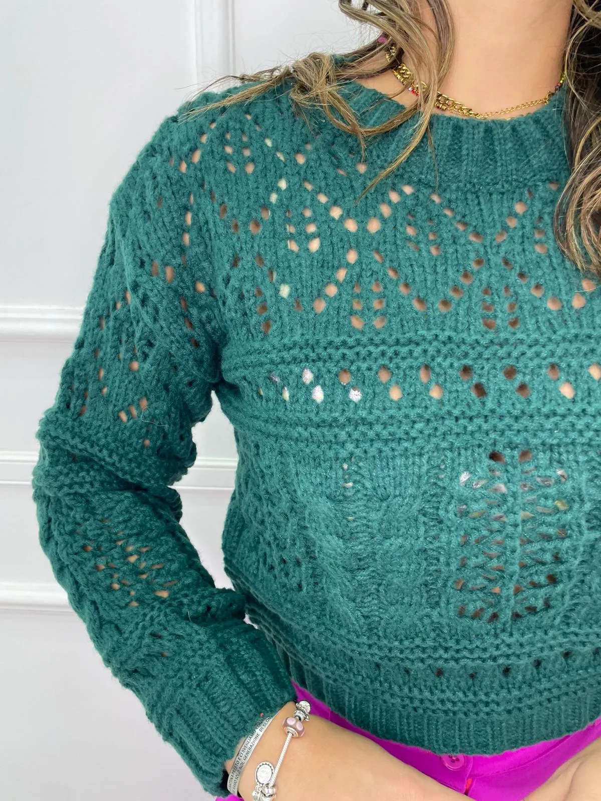 Maglione tinta unita trama traforata