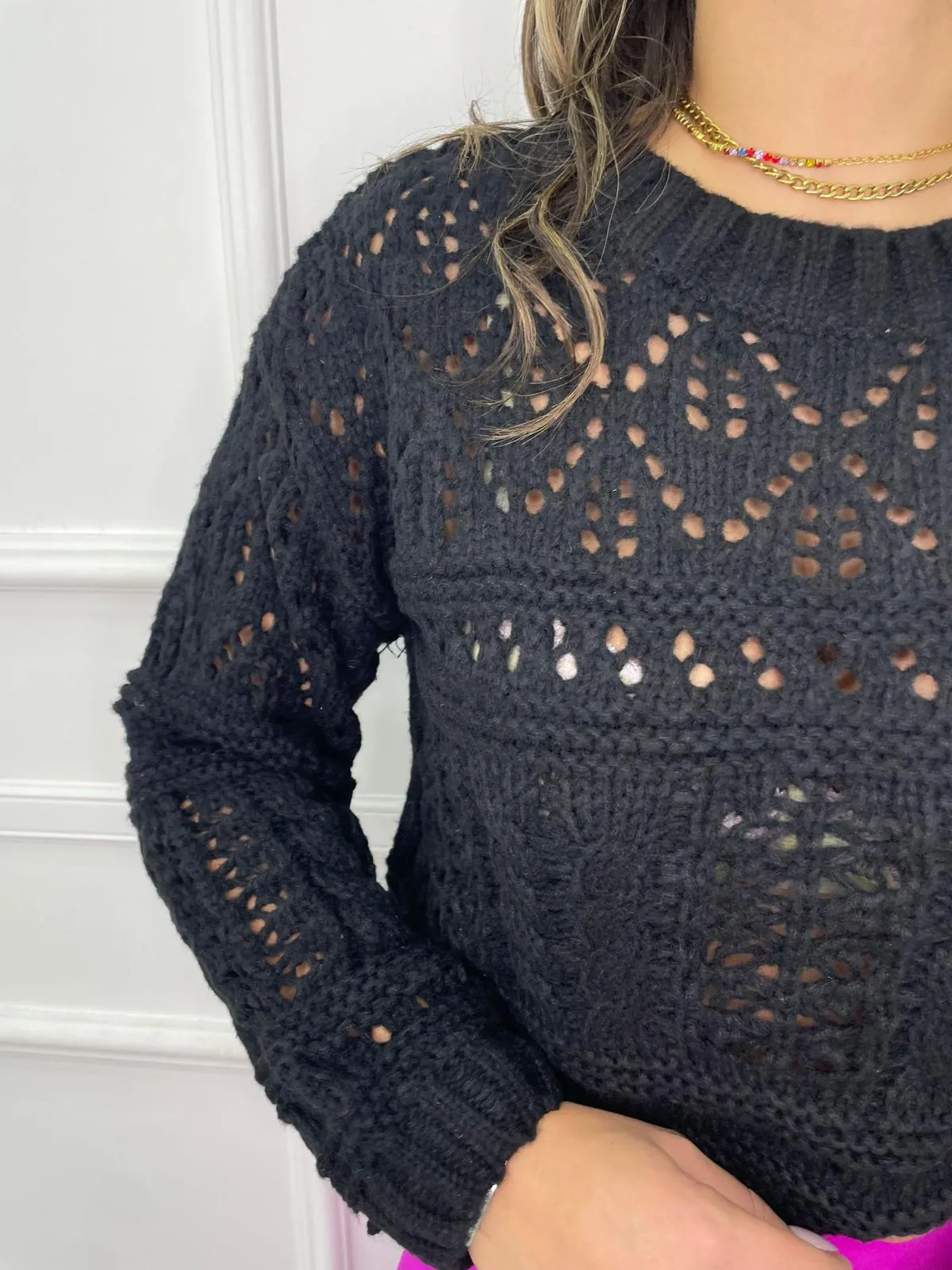 Maglione tinta unita trama traforata