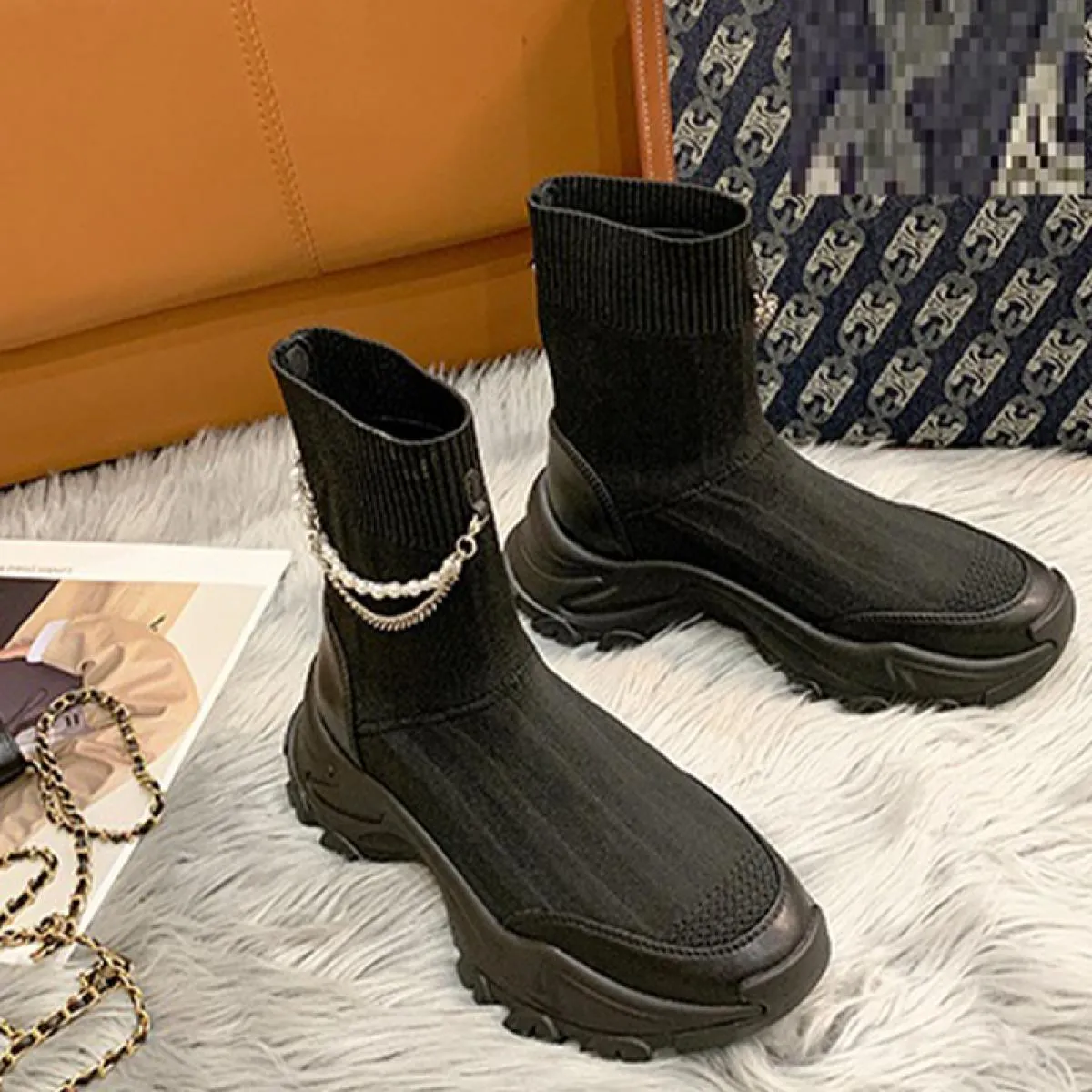 Nuove donne stivali Chelsea con plateau alla caviglia tessuto scarpe con tacco medio 2023 moda maglia abito invernale casual da