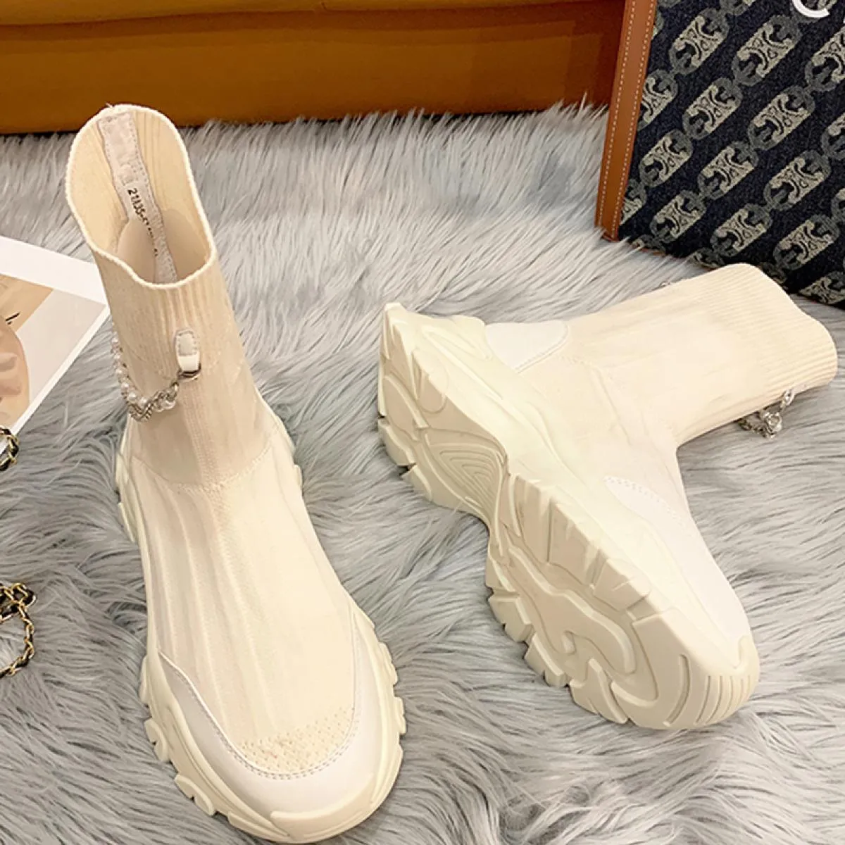 Nuove donne stivali Chelsea con plateau alla caviglia tessuto scarpe con tacco medio 2023 moda maglia abito invernale casual da