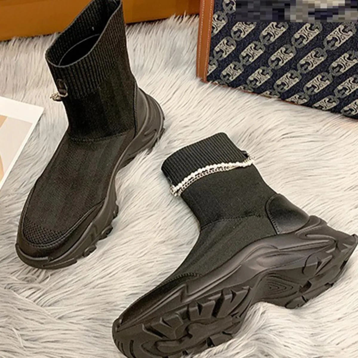 Nuove donne stivali Chelsea con plateau alla caviglia tessuto scarpe con tacco medio 2023 moda maglia abito invernale casual da