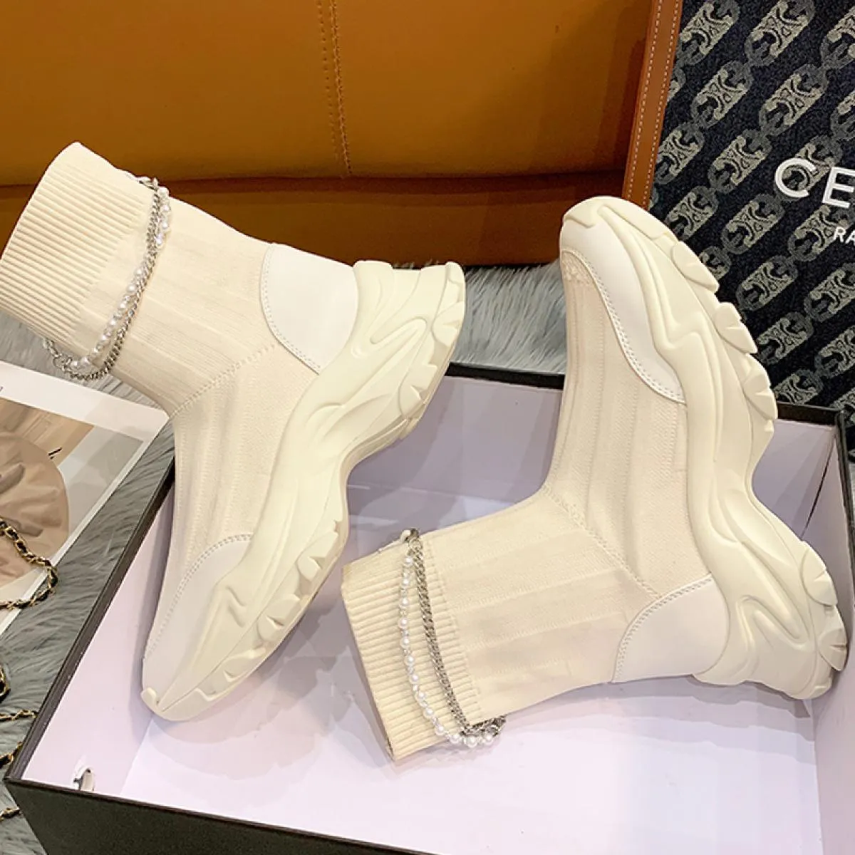 Nuove donne stivali Chelsea con plateau alla caviglia tessuto scarpe con tacco medio 2023 moda maglia abito invernale casual da