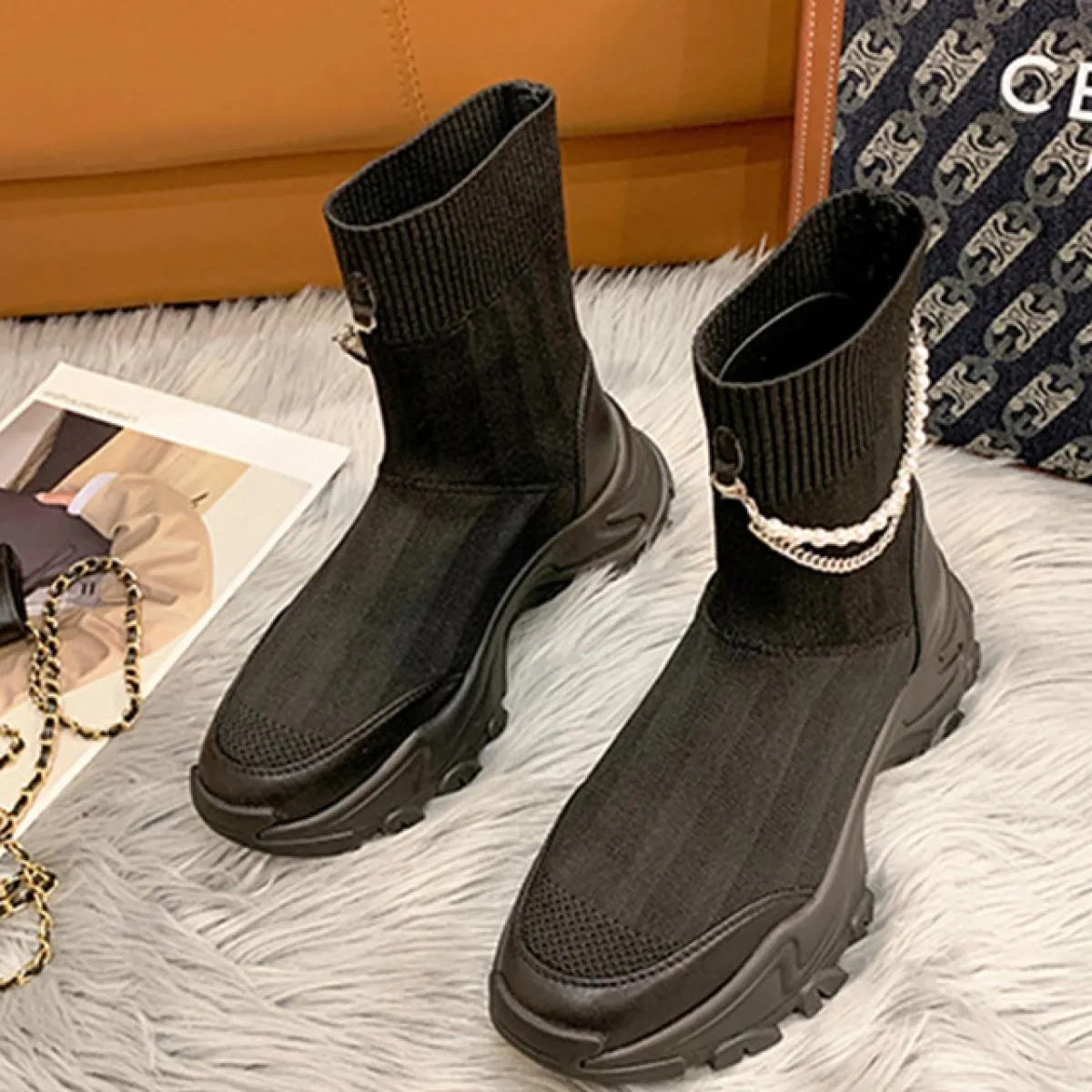 Nuove donne stivali Chelsea con plateau alla caviglia tessuto scarpe con tacco medio 2023 moda maglia abito invernale casual da