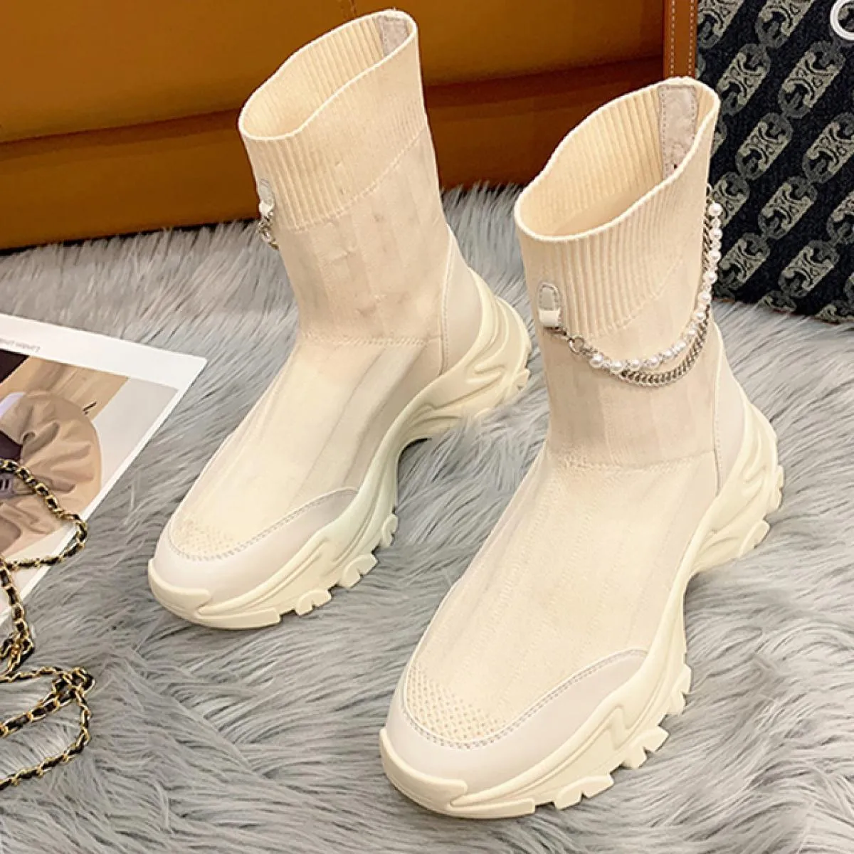 Nuove donne stivali Chelsea con plateau alla caviglia tessuto scarpe con tacco medio 2023 moda maglia abito invernale casual da