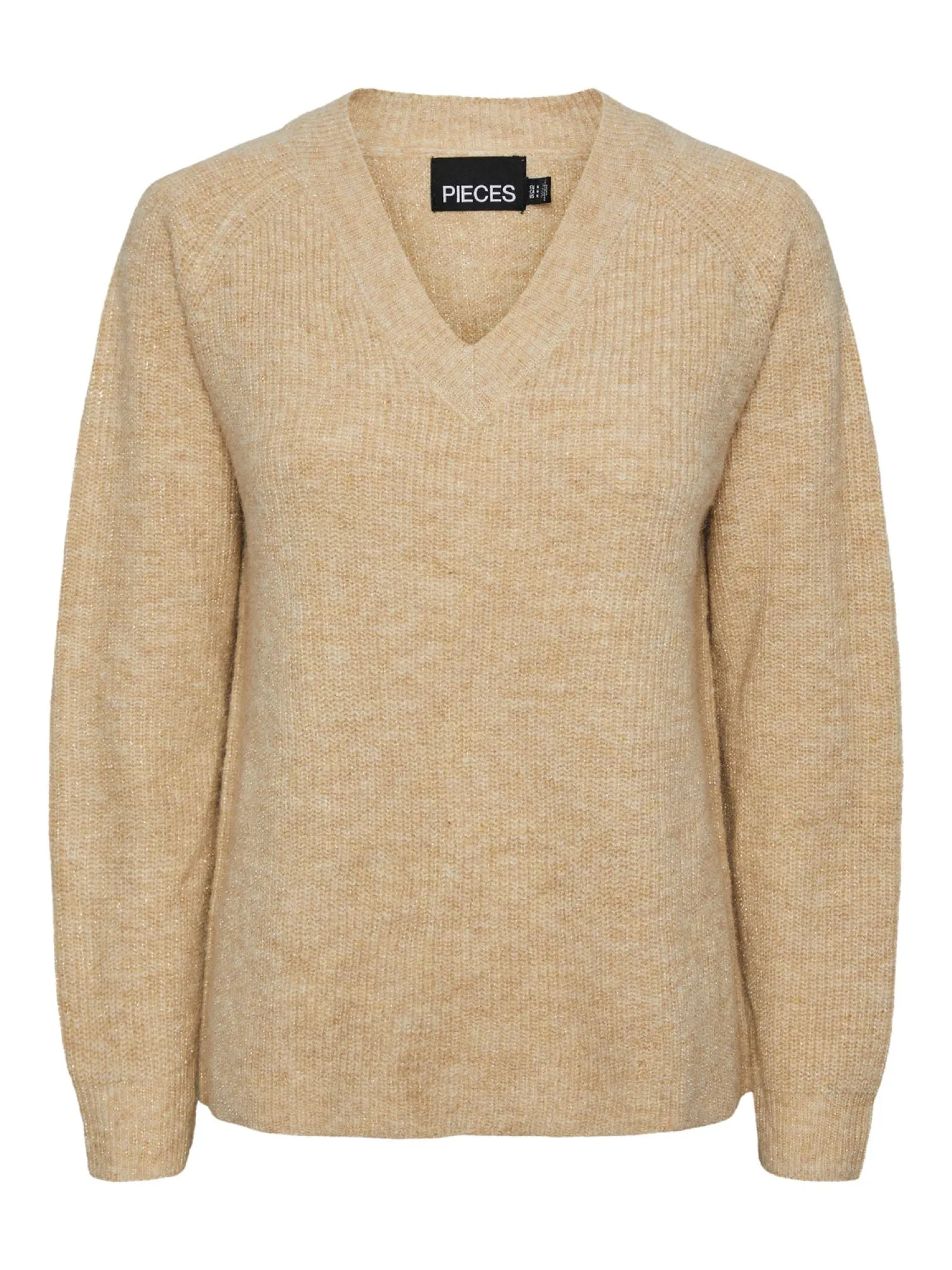 Pieces maglione con scollo a V e fili lurex beige
