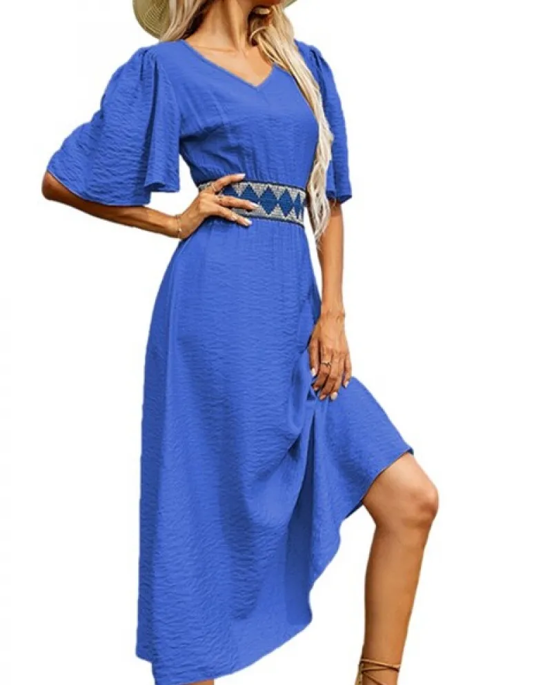 Ruffle Edge Bohemian Maxi Summer Casual Womens Dresses V Neck Solid Color Female Long Dress 2022