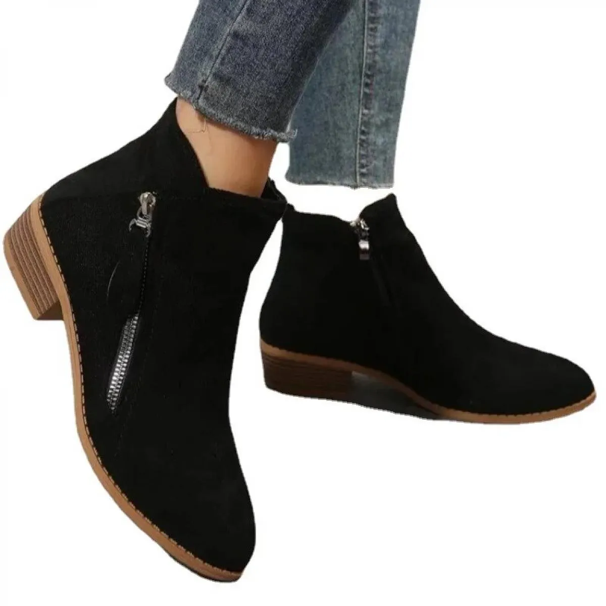Scarpe da donna in vendita 2024 Nuova cerniera Tacco quadrato Scarpe da donna Moda Casual Stivaletti a punta Solid Pu Grandi sti
