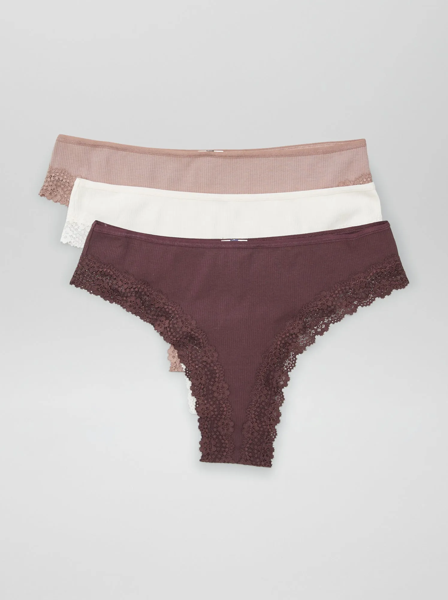Set di 3 tanga in maglia a coste - marrone prugna