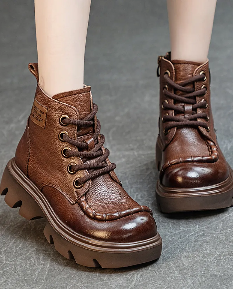 Stivaletti corti in vera pelle con suola morbida e schiuma autunno nuovo stile da donna, primo strato lavato, morbido pizzo in p
