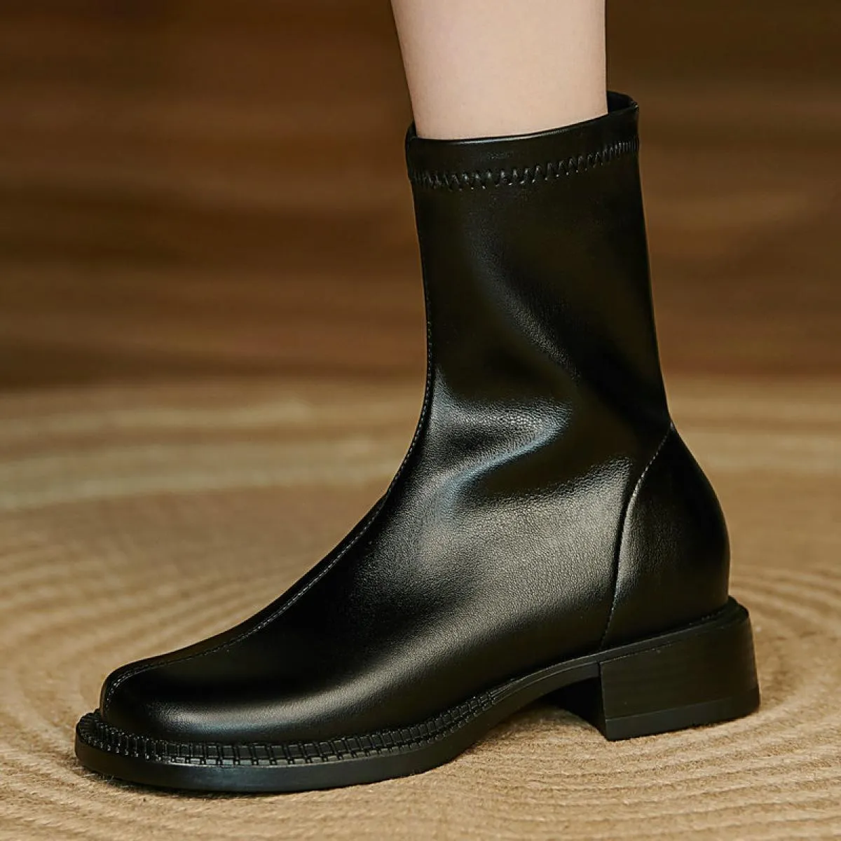 Stivaletti da donna concisi in vera pelle da ufficio per feste casual con punta arrotondata e tacchi bassi scarpe da donna autun