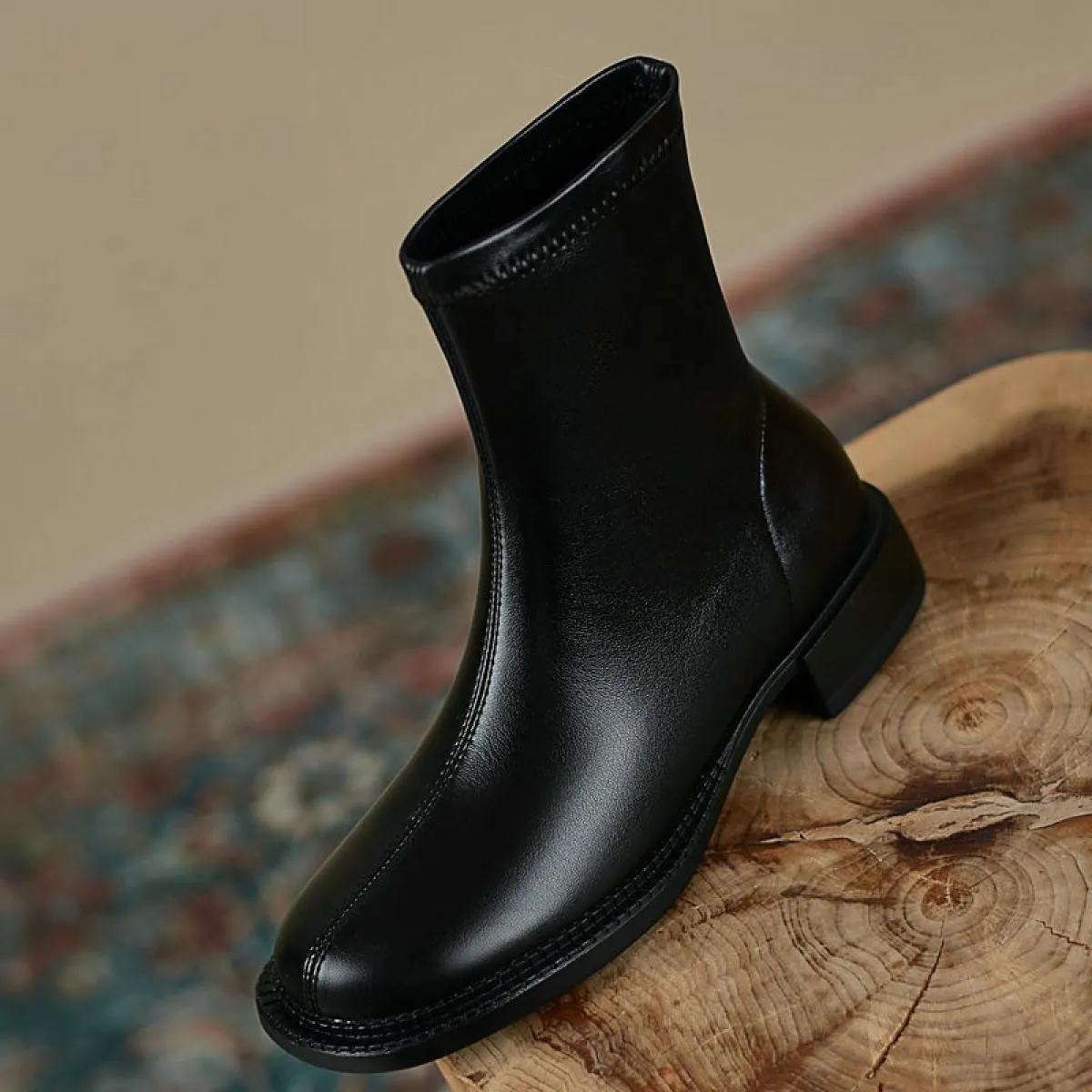 Stivaletti da donna concisi in vera pelle da ufficio per feste casual con punta arrotondata e tacchi bassi scarpe da donna autun