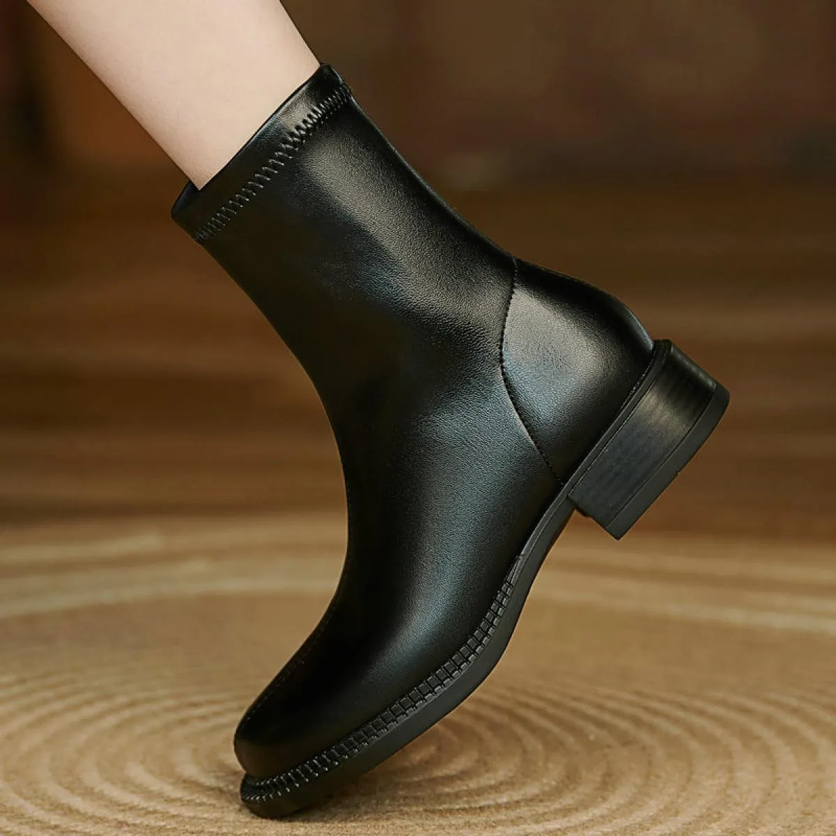 Stivaletti da donna concisi in vera pelle da ufficio per feste casual con punta arrotondata e tacchi bassi scarpe da donna autun