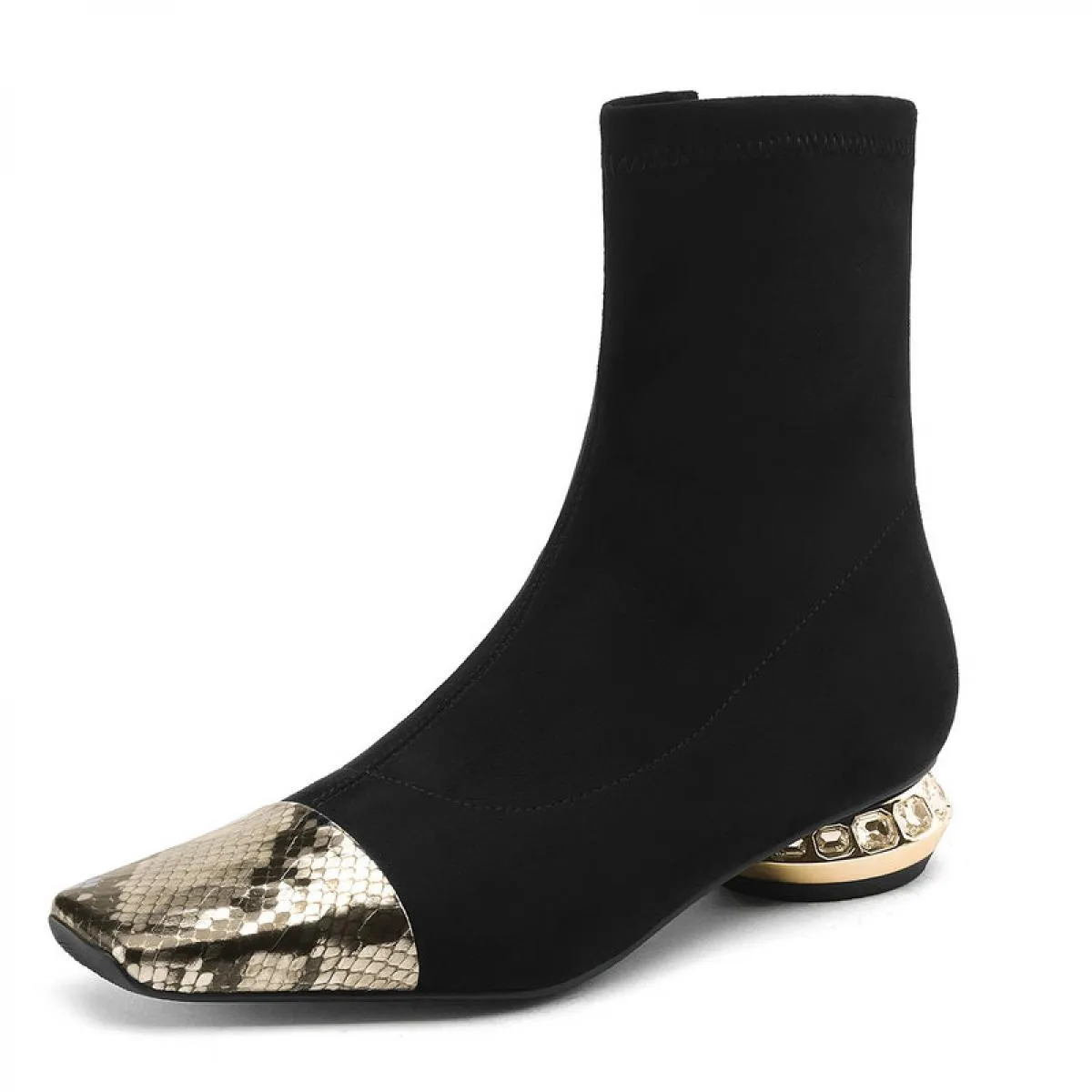 Stivaletti da donna in vera pelle patchwork con tacco basso in cristallo e scarpe eleganti casual da donna da ufficio taglia 34