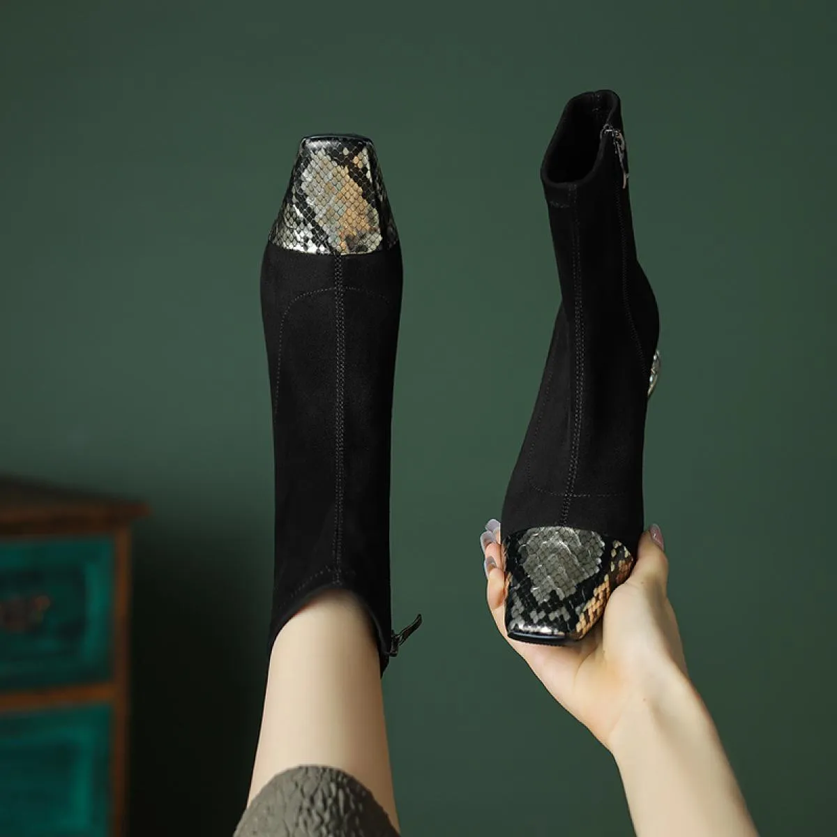 Stivaletti da donna in vera pelle patchwork con tacco basso in cristallo e scarpe eleganti casual da donna da ufficio taglia 34