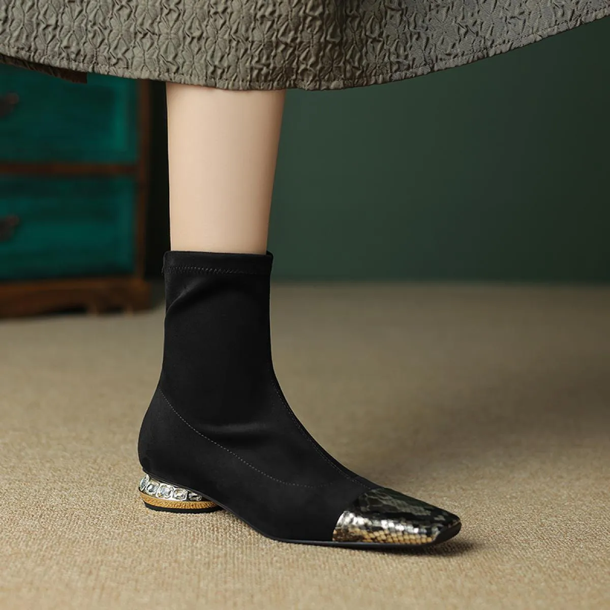 Stivaletti da donna in vera pelle patchwork con tacco basso in cristallo e scarpe eleganti casual da donna da ufficio taglia 34