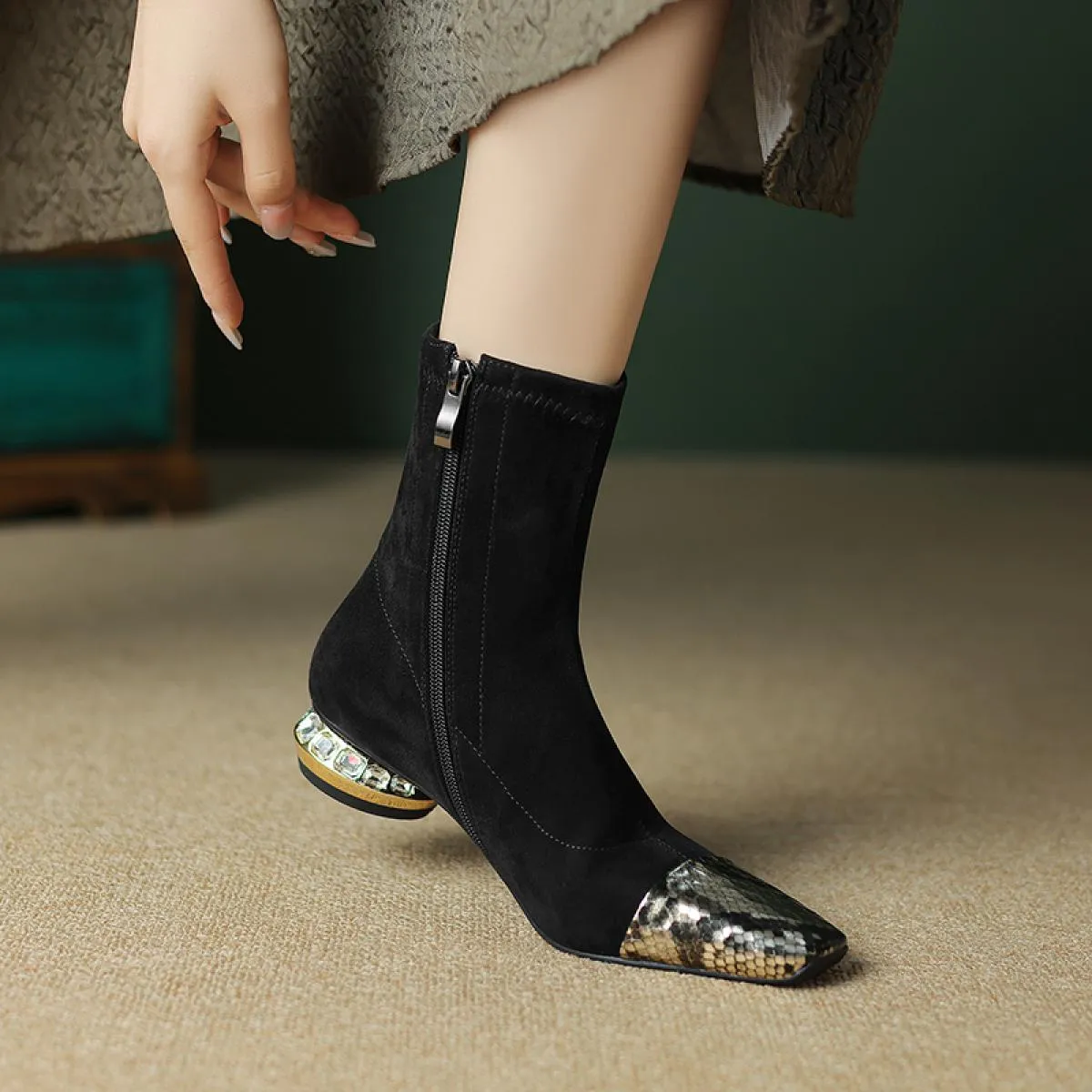 Stivaletti da donna in vera pelle patchwork con tacco basso in cristallo e scarpe eleganti casual da donna da ufficio taglia 34