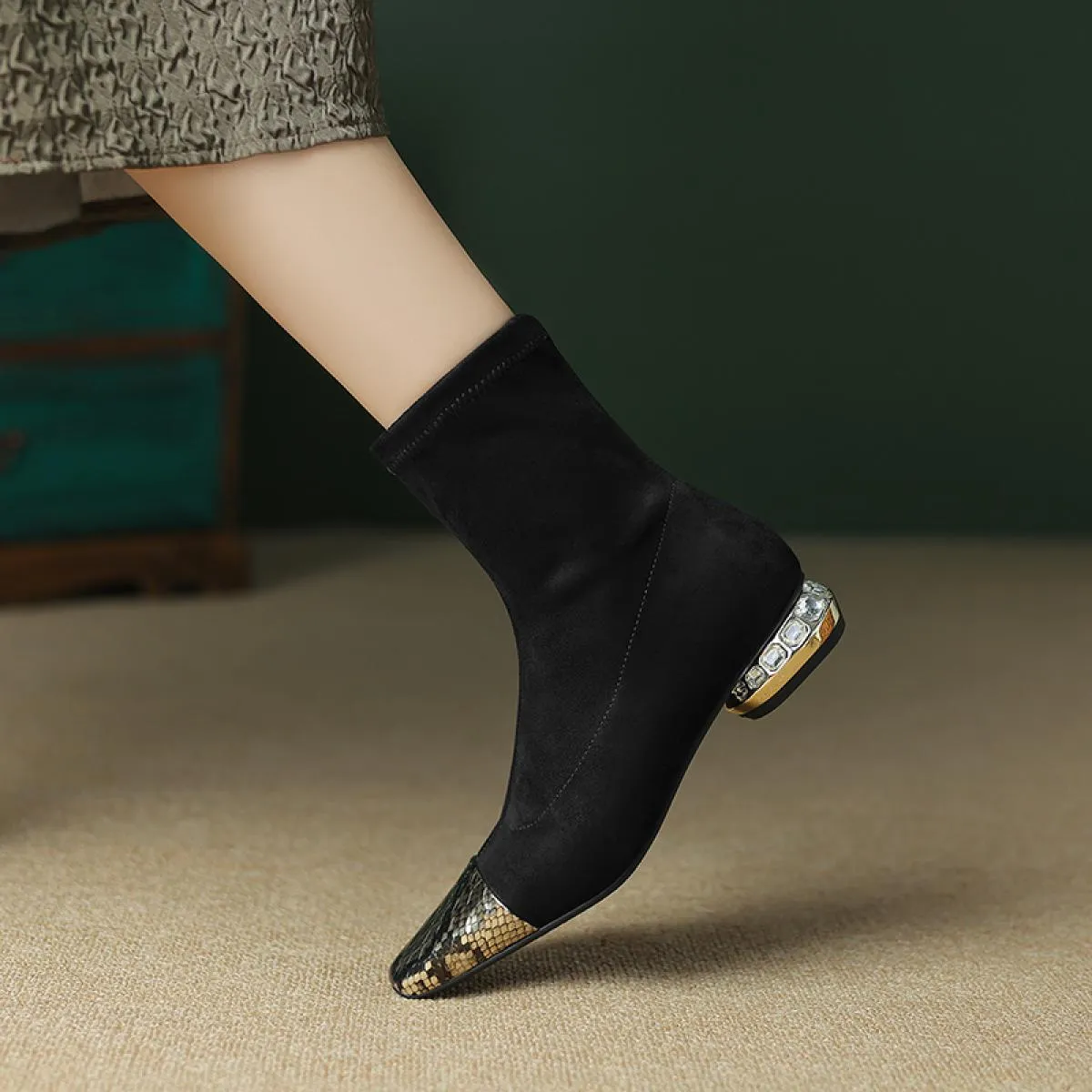 Stivaletti da donna in vera pelle patchwork con tacco basso in cristallo e scarpe eleganti casual da donna da ufficio taglia 34