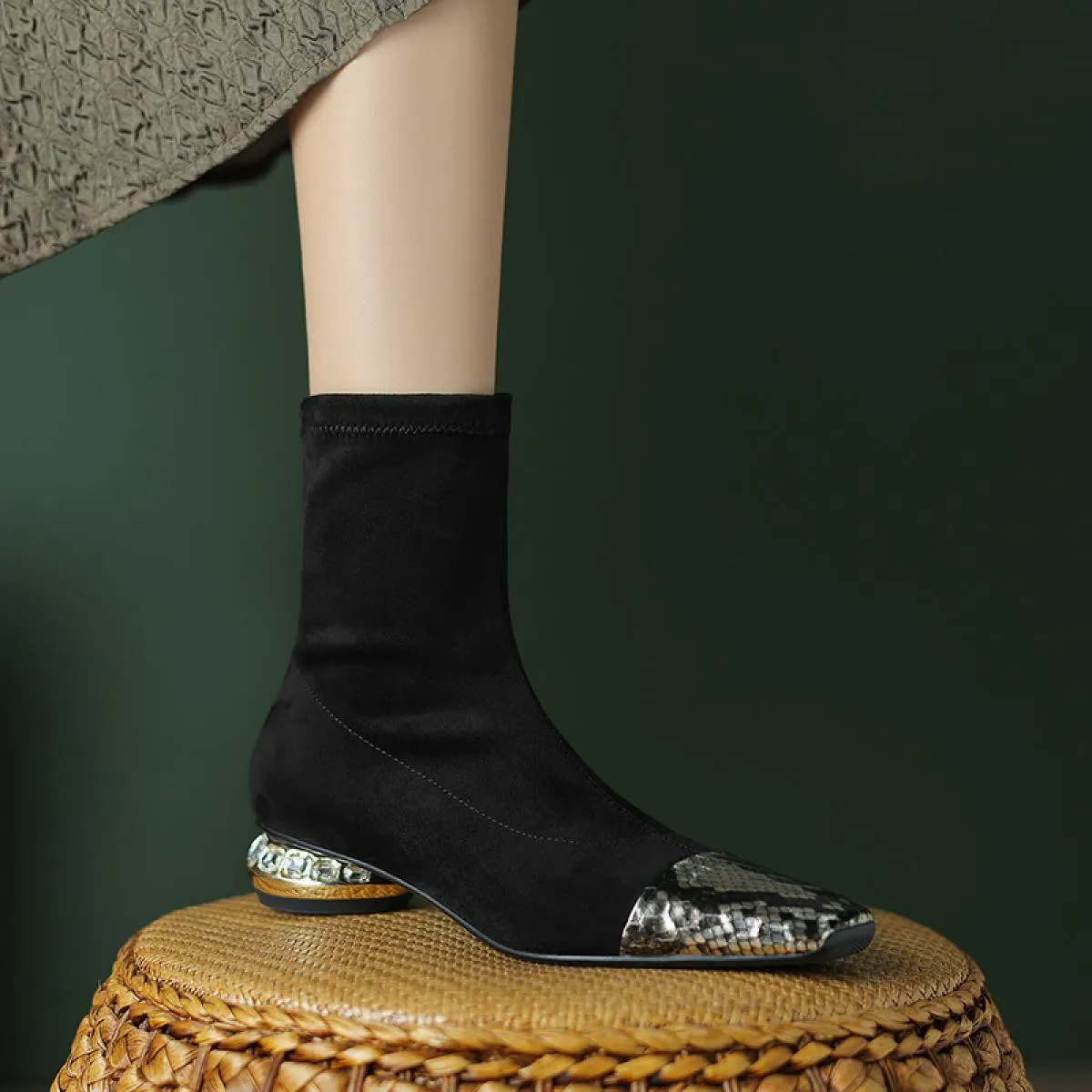 Stivaletti da donna in vera pelle patchwork con tacco basso in cristallo e scarpe eleganti casual da donna da ufficio taglia 34