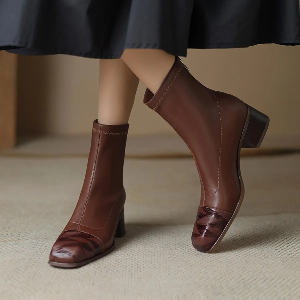 Stivaletti da donna in vera pelle punta quadrata scarpe con tacco medio scarpe da donna abito da ufficio donna autunno inverno t