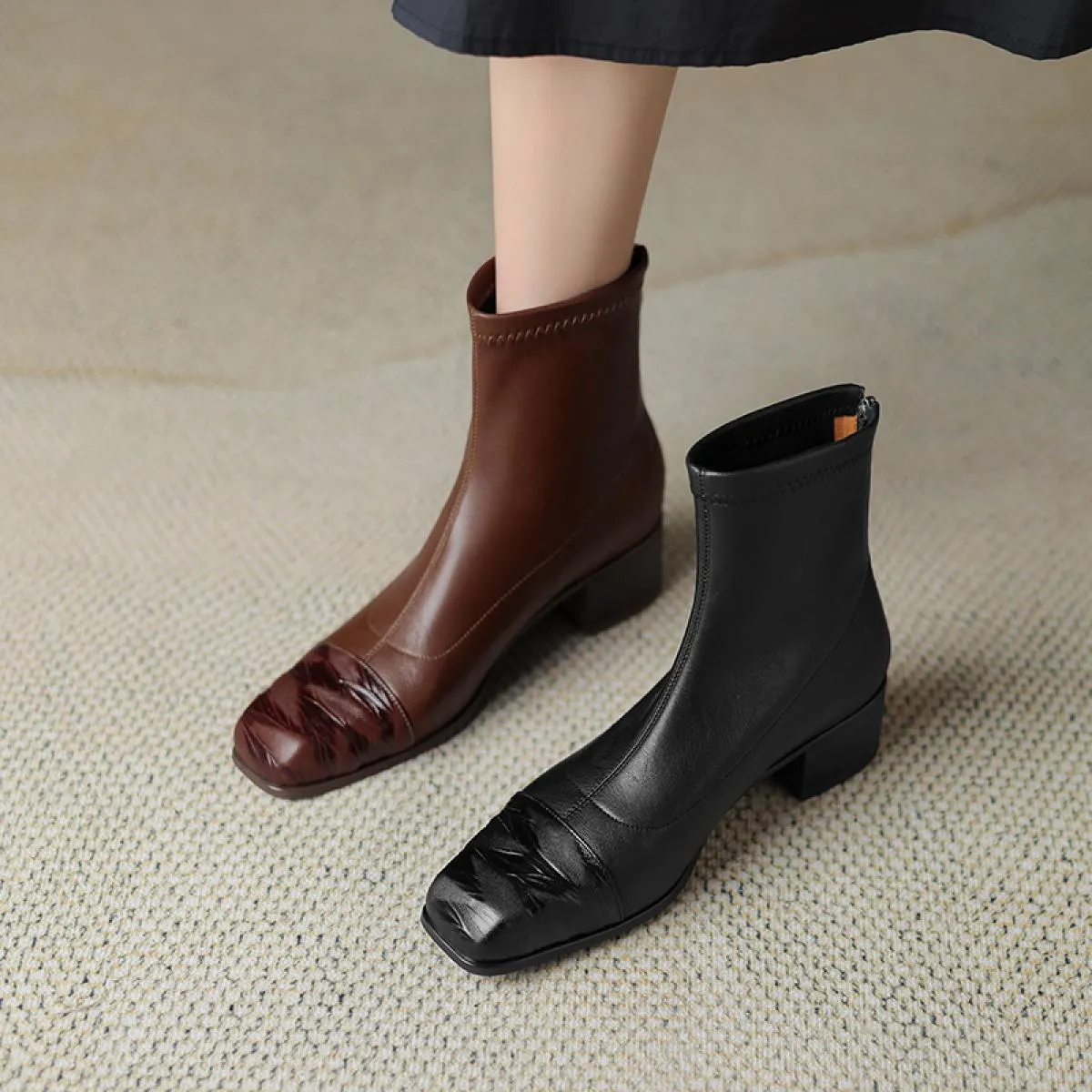 Stivaletti da donna in vera pelle punta quadrata scarpe con tacco medio scarpe da donna abito da ufficio donna autunno inverno t