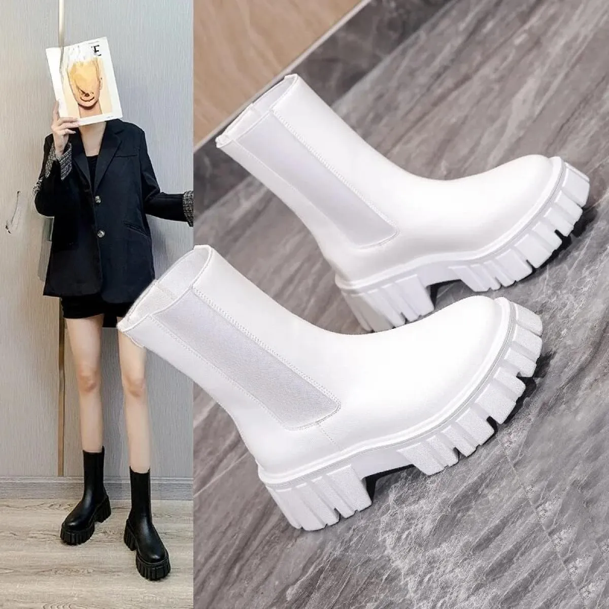 Stivaletti di alta qualità per donna Stivali da moto autunno Scarpe con plateau con tacco spesso Donna Slip On Punta tonda Moda