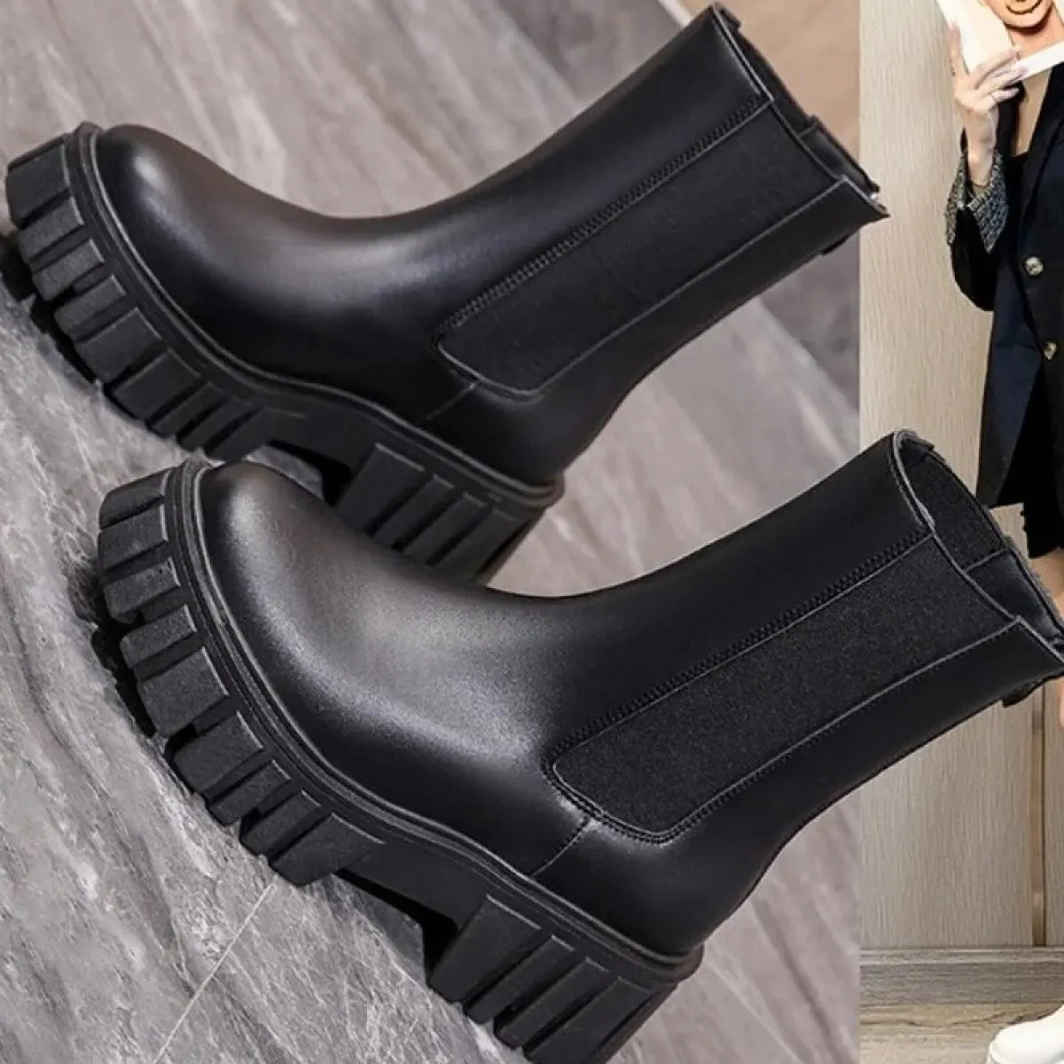 Stivaletti di alta qualità per donna Stivali da moto autunno Scarpe con plateau con tacco spesso Donna Slip On Punta tonda Moda