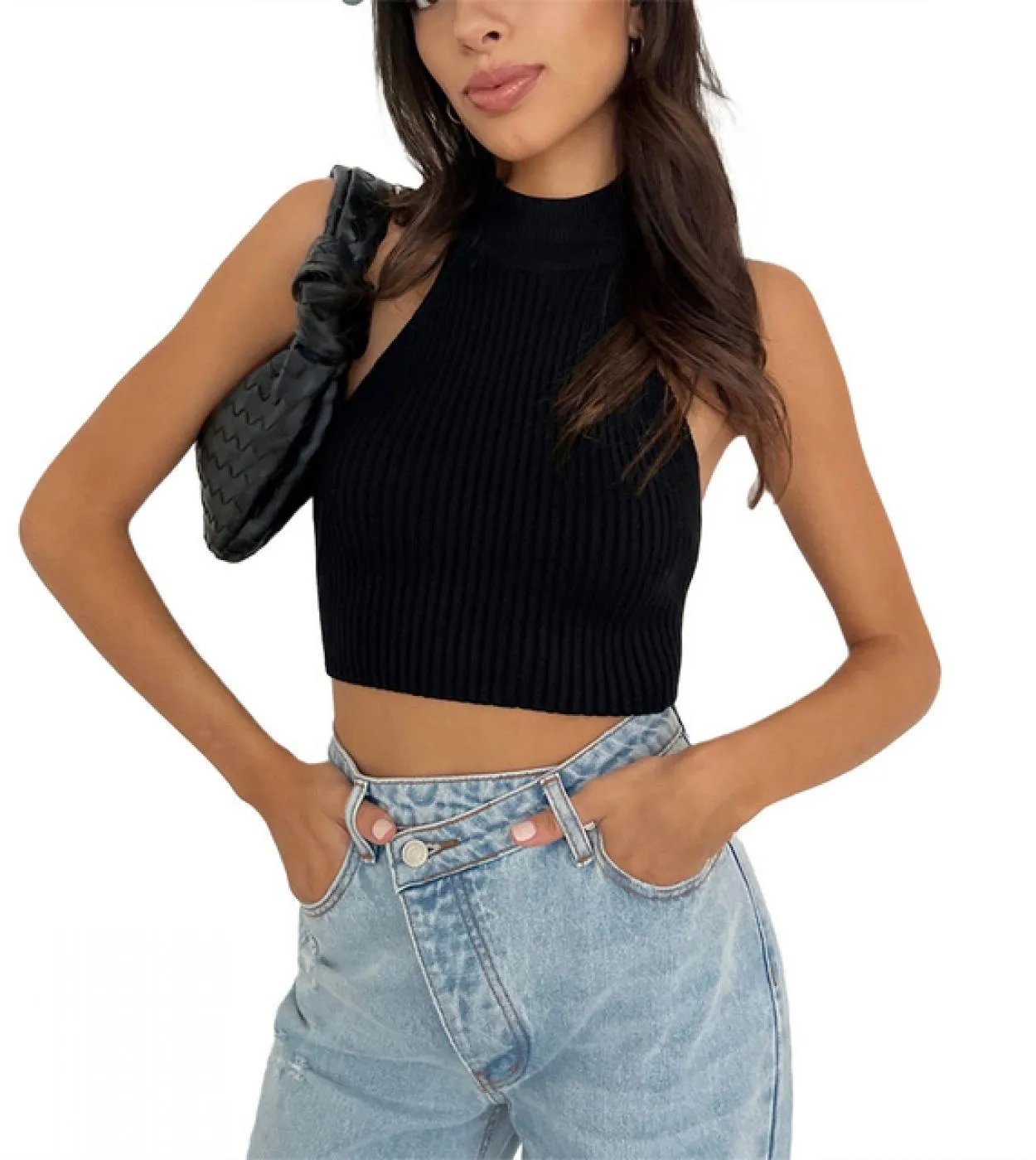Tetyseysh Canotta a collo alto in maglia a coste da donna Canotta senza maniche senza spalline Canotta a collo alto con fasciatu