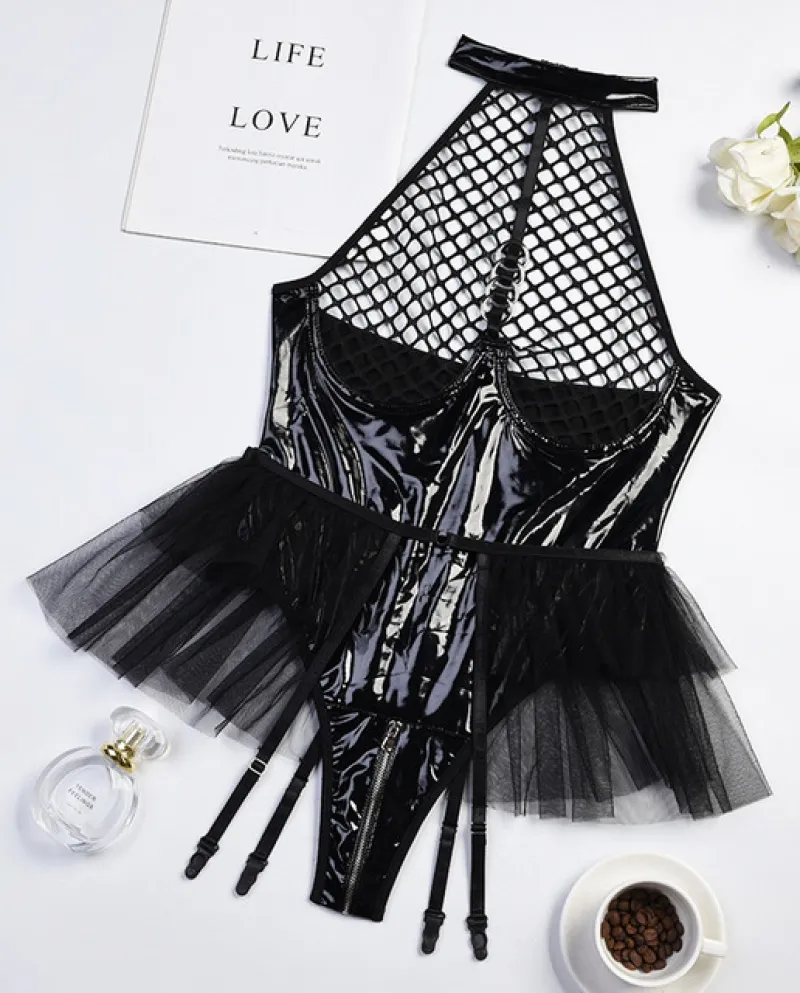 Yimunancy Tuta da donna in pelle PU in un pezzo Tuta a rete Patchwork Tuta nera Body Femme Clubwear